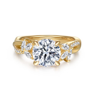 Gabriel & Co. ER16196R8Y44JJ 14 karat yellow gold Floral Nouveau engagement ring, front view of a round center between fanned clusters of elongated diamonds and twisting strands