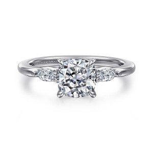 Gabriel & Co. ER16198C6W43JJ 14 karat white gold Classic engagement ring, front view of the cushion center in four prongs with a small elongated stone at each side