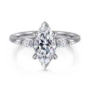 Gabriel & Co. ER16198M6W43JJ 14 karat white gold Classic engagement ring, front view of a marquise center with pointed prong tips and a small elongated stone on each side