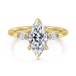 Gabriel & Co. ER16198M6Y43JJ 14 karat yellow gold Classic engagement ring, front view of the marquise center with pointed V tips and small stones on the shoulders