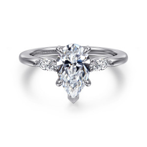 Gabriel & Co. ER16198P6W43JJ 14 karat white gold Classic engagement ring, front view of a pear shaped center with small elongated side stones and a plain rounded band