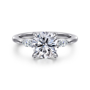 Gabriel & Co. ER16198R8W43JJ 14 karat white gold Classic engagement ring, front view of a round center with a small elongated stone on each side