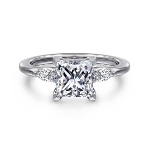 Gabriel & Co. ER16198S6W43JJ 14 karat white gold Classic engagement ring, front view of a square center with an elongated side stone on each side and beaded ends