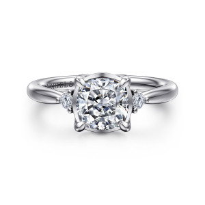 Gabriel & Co. ER16200C6W44JJ 14 karat white gold Contemporary engagement ring, front view of a cushion center in claw prongs with a small round stone at each side