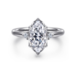 Gabriel & Co. ER16200M6W44JJ 14 karat white gold Contemporary engagement ring, front view of a marquise center with pointed metal tips and small round diamonds on each shoulder