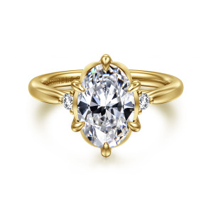 Gabriel & Co. ER16200O8Y44JJ 14 karat yellow gold Contemporary engagement ring, front view of an oval center framed by long teardrop shaped prongs with a small diamond each side