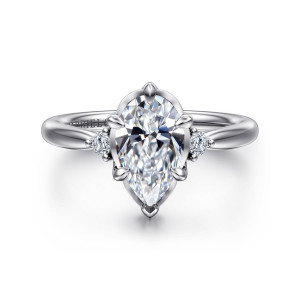 Gabriel & Co. ER16200P6W44JJ 14 karat white gold Contemporary engagement ring, front view of a pear shaped center with a thin rim and a small diamond on each side
