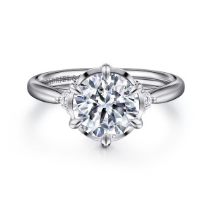 Gabriel & Co. ER16200R8W44JJ 14 karat white gold Contemporary engagement ring, front view of a round center held by six pointed petal prongs