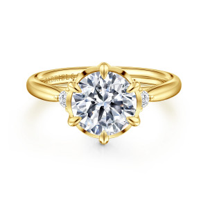Gabriel & Co. ER16200R8Y44JJ 14 karat yellow gold Contemporary engagement ring, front view of a round center ringed by pointed prongs and a small diamond on each side