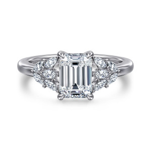 Gabriel & Co. ER16202E6W43JJ 14 karat white gold Floral Nouveau engagement ring, front view of an emerald cut center between two leaf like clusters of small diamonds