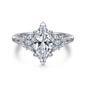 Gabriel & Co. ER16202M6W43JJ 14 karat white gold Floral Nouveau engagement ring, front view of a marquise center with pointed V tips and elongated stones clustered on both shoulders