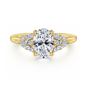 Gabriel & Co. ER16202O6Y43JJ 14 karat yellow gold Floral Nouveau engagement ring, front view of an oval center on four prongs with elongated diamond clusters fanning at each shoulder