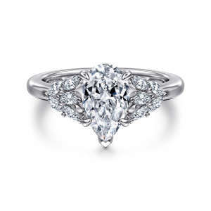 Gabriel & Co. ER16202P6W43JJ 14 karat white gold Floral Nouveau engagement ring, front view of a pear shaped center with a pointed V prong and leaf clusters on each shoulder