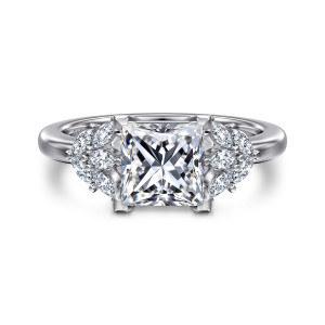 Gabriel & Co. ER16202S6W43JJ 14 karat white gold Floral Nouveau engagement ring, front view of a princess cut center flanked by leaf shaped clusters of elongated diamonds