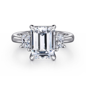 Gabriel & Co. ER16220E12W43JJ 14 karat white gold Classic engagement ring, front view of a tall emerald cut center with four corner claws