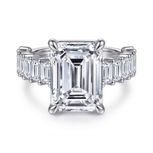 Gabriel & Co. ER16221E20W43JJ 14 karat white gold Contemporary engagement ring, front view of a rectangular center in four corner claws with step cut stones at each side