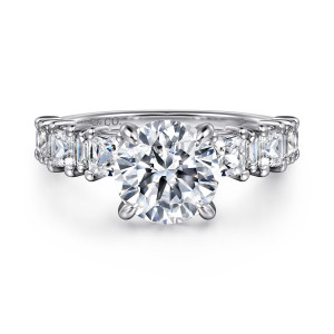 Gabriel & Co. ER16224R8W44JJ 14 karat white gold Classic engagement ring, front view of the round center flanked by square stones and baguettes along both shoulders