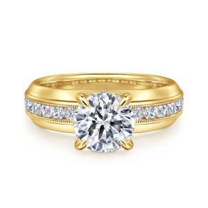 Gabriel & Co. ER16232R6Y44JJ 14 karat yellow gold Contemporary engagement ring, front view of a round center between channel set stones on a wide beveled band