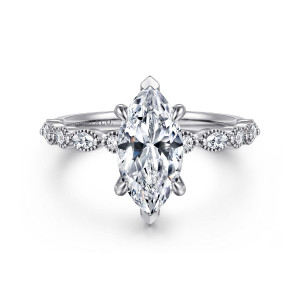 Gabriel & Co. ER16233M6W44JJ 14 karat white gold Victorian engagement ring, front view of a marquise center with pointed tip prongs and beaded settings on the shoulders