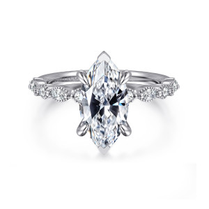Gabriel & Co. ER16233M8W44JJ 14 karat white gold Victorian engagement ring, front view of a marquise center with pointed end prongs and beaded stones along the shoulders