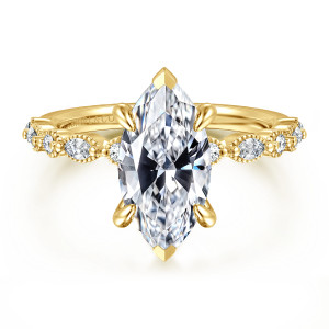 Gabriel & Co. ER16233M8Y44JJ 14 karat yellow gold Victorian engagement ring, front view of a marquise center with pointed tips at both ends and beaded diamond stations beside it