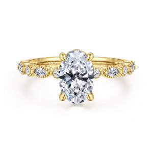 Gabriel & Co. ER16233O6Y44JJ 14 karat yellow gold Victorian engagement ring, front view of an oval center with rounded prongs and beaded frames on both shoulders