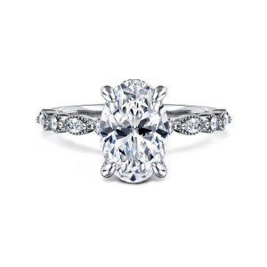 Gabriel & Co. ER16233O8W44JJ 14 karat white gold Victorian engagement ring, front view of an oval center with a small diamond at each side and beaded frames
