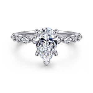 Gabriel & Co. ER16233P6W44JJ 14 karat white gold Victorian engagement ring, front view of a pear shaped center with a pointed V tip and beaded rims along the shoulders
