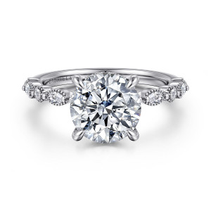 Gabriel & Co. ER16233R10W44JJ 14 karat white gold Victorian engagement ring, front view of a round center in four prongs with alternating small diamonds beading the shoulders