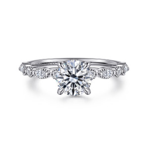 Gabriel & Co. ER16233R4W44JJ 14 karat white gold Victorian engagement ring, front view of a round center flanked by beaded frames alternating round and elongated