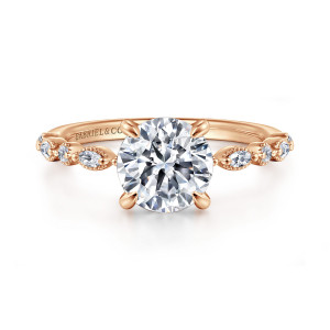 Gabriel & Co. ER16233R6K44JJ 14 karat rose gold Victorian engagement ring, front view of a round center flanked by beaded ovals holding round and elongated diamonds