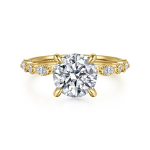 Gabriel & Co. ER16233R8Y44JJ 14 karat yellow gold Victorian engagement ring, front view of a round center in four claws with beaded frames holding small stones on each shoulder
