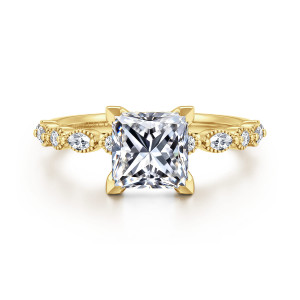 Gabriel & Co. ER16233S6Y44JJ 14 karat yellow gold Victorian engagement ring, front view of a princess cut center with pointed corner prongs and beaded diamond frames on each side
