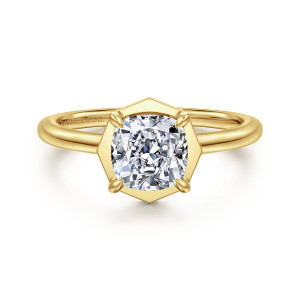 Gabriel & Co. ER16236C6Y44JJ 14 karat yellow gold Classic engagement ring, front view of the many sided flat collar and four pointed claw prongs around the center