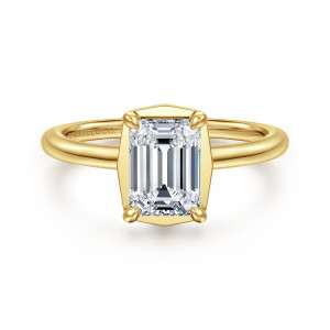 Gabriel & Co. ER16236E6Y44JJ 14 karat yellow gold Classic engagement ring, front view of an emerald cut center inside an angled collar with claw prongs at the corners