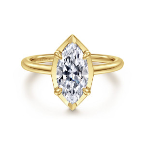 Gabriel & Co. ER16236M6Y44JJ 14 karat yellow gold Classic engagement ring, front view of a marquise center inside a pointed, faceted collar with ball tipped prongs