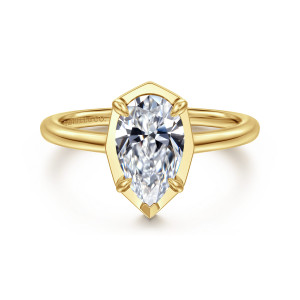 Gabriel & Co. ER16236P6Y44JJ 14 karat yellow gold Classic engagement ring, front view of a pear shaped center in a straight edged frame that narrows to a point