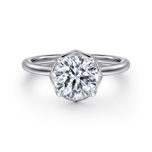 Gabriel & Co. ER16236R6W44JJ 14 karat white gold Classic engagement ring, front view of a round center held by claw prongs inside a flat sided angular frame