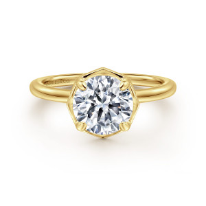 Gabriel & Co. ER16236R6Y44JJ 14 karat yellow gold Classic engagement ring, front view of a round center inside an angular faceted frame with slim prongs