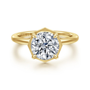 Gabriel & Co. ER16236R8Y44JJ 14 karat yellow gold Classic engagement ring, front view of a round center inside an angular frame with leaf shaped prongs at the corners