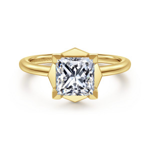 Gabriel & Co. ER16236S6Y44JJ 14 karat yellow gold Classic engagement ring, front view of a square center inside a six sided faceted collar with blocky corner prongs