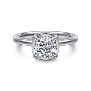 Gabriel & Co. ER16238C6W44JJ 14 karat white gold Classic engagement ring, front view of a cushion center in four claws with a beaded rim around the seat