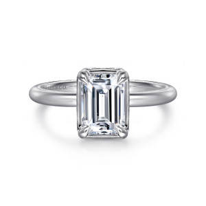 Gabriel & Co. ER16238E6W44JJ 14 karat white gold Classic engagement ring, front view of an emerald cut center with rounded prongs at each corner and a beaded band edge