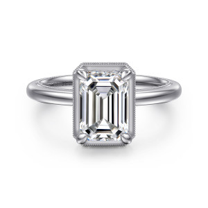 Gabriel & Co. ER16238E8W44JJ 14 karat white gold Classic engagement ring, front view of an emerald cut center in a beaded squared frame with four corner prongs