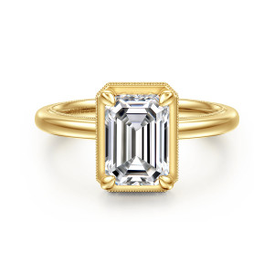 Gabriel & Co. ER16238E8Y44JJ 14 karat yellow gold Classic engagement ring, front view of an emerald cut center in rounded corner prongs inside a beaded rectangular frame