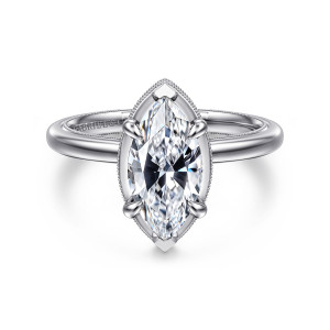 Gabriel & Co. ER16238M6W44JJ 14 karat white gold Classic engagement ring, front view of a marquise center in a pointed frame edged with beaded milgrain