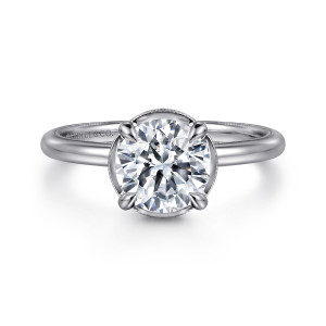 Gabriel & Co. ER16238R6W44JJ 14 karat white gold Classic engagement ring, front view of a round center held by four rounded claw prongs inside a beaded rim