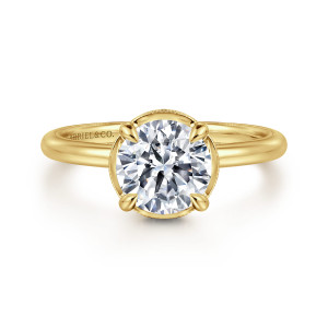 Gabriel & Co. ER16238R6Y44JJ 14 karat yellow gold Victorian engagement ring, front view of a round center held by four teardrop prongs inside a beaded rim