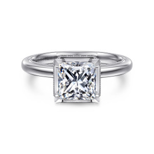 Gabriel & Co. ER16238S6W44JJ 14 karat white gold Classic engagement ring, front view of a princess cut center in square corner prongs with a beaded frame