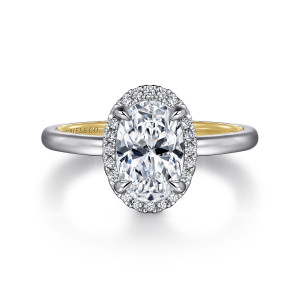Gabriel & Co. ER16241O6M44JJ 14 karat white and yellow gold Victorian engagement ring, front view of an oval center in four claw prongs inside a close halo